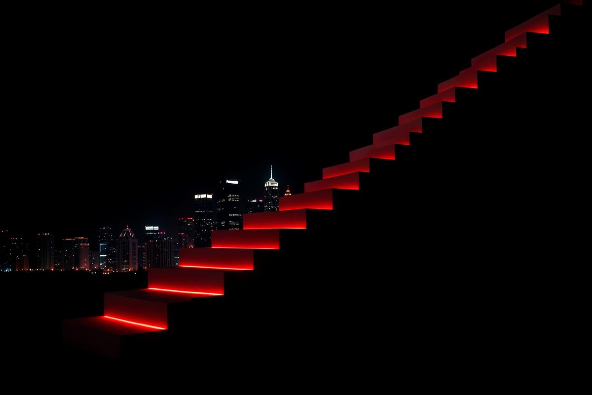 Escadaria iluminada em vermelho com skyline urbano ao fundo